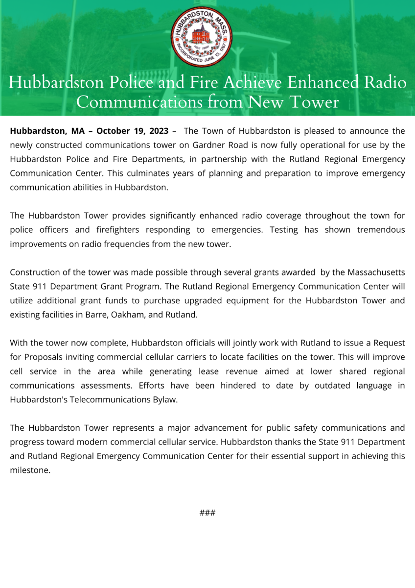 Hubbardston Police and Fire Achieve Enhanced Radio Communications from New Tower