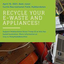 sign noting electronic and appliance recycle on 10Apr2021 at Curtis Rec Field with pile of old computers