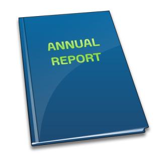 blue book with annual report written on the front cover in green writing