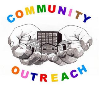 Drawn hands reaching out with palms up Labeled Community Outreach