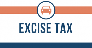 excise tax written in blue with orange car