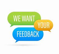 we want your feedback written in green, orange and blue bubbles 