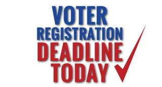 voter registration deadline today written in blue and red with red check mark