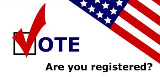 "are you registered to vote" with red check mark and red, white and blue flag