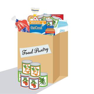 paper grocery bag with food pantry written on if filled with food 