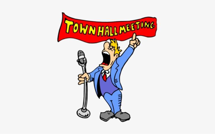 Man with red banner saying town meeting