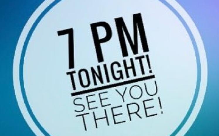 7pm tonight, see you there written in black in a light blue circle with dark blue background
