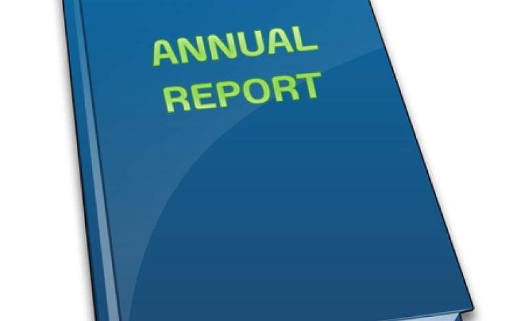 blue book with annual report written on the front cover in green writing