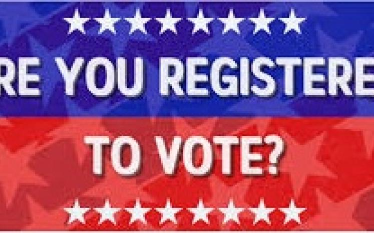 are you registered to vote written in white with blue and red background with white stars
