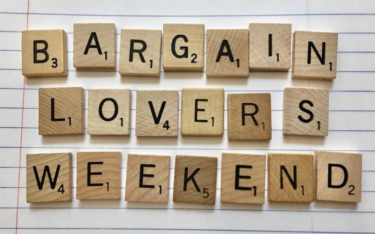 bargain lovers weekend written in scrabble tiles