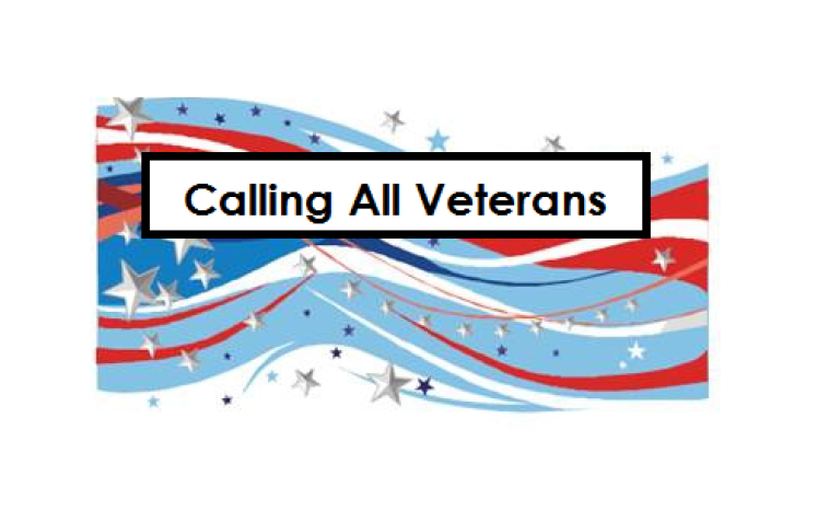 calling all veterans written in black with a red white and blue background