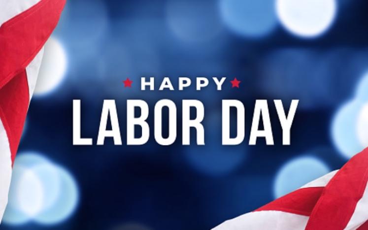 happy labor day written in white with a red white and blue background