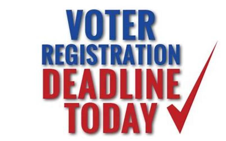 voter registration deadline today written in red and blue with a red check mark