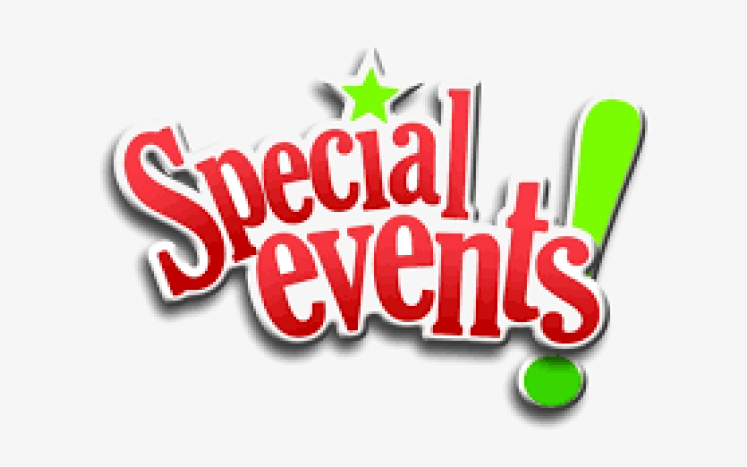 special events written in red bubble letters with green star and green exclamation mark