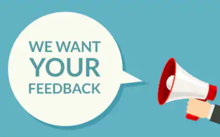 Speech bubble coming out of a bullhorn saying "we want your feedback" 