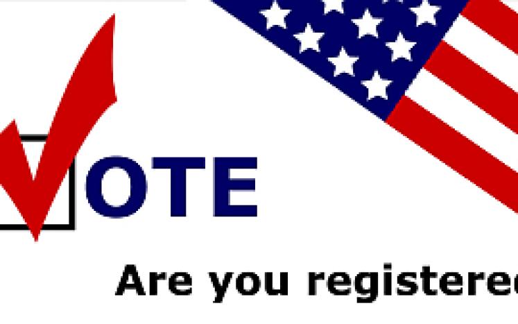 "are you registered to vote" with red check mark and red, white and blue flag