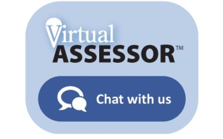virtual assessor wording written in a light blue box with a dark blue chat with us button